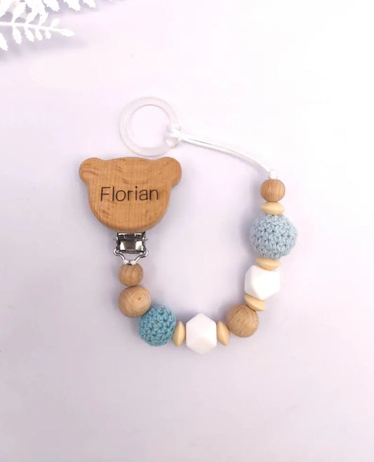 Personalisierte BABY-SCHNULLERKETTE aus Holz und Silikon: Montessori- und Sensorikspielzeug Geschenk zur Geburt oder Taufe