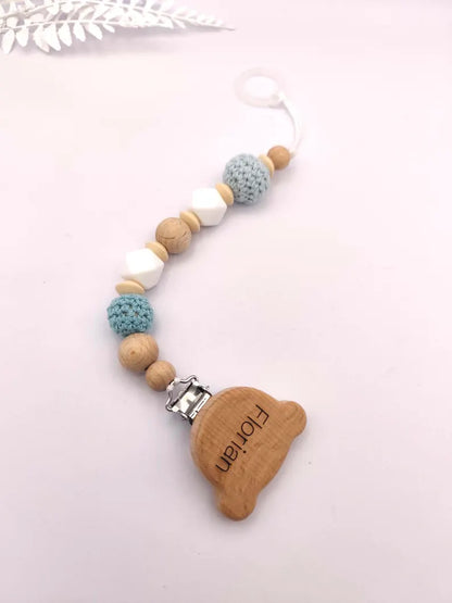 Personalisierte BABY-SCHNULLERKETTE aus Holz und Silikon: Montessori- und Sensorikspielzeug Geschenk zur Geburt oder Taufe