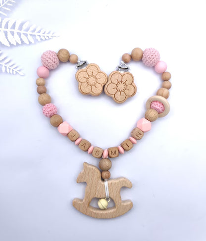 Personalisierte KINDERWAGENKETTE mit Namen: Montessori-Babyparty Geschenk aus Holz und Silikon zur Geburt oder Taufe