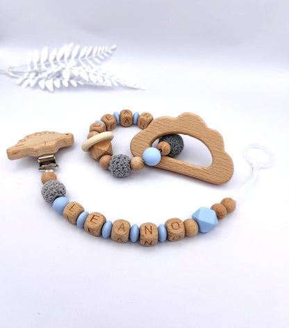 Baby Geschenkset personalisiert blau – Schnullerkette mit Namen & Greifling – Geschenk zur Geburt, Taufgeschenk, Babygeschenk Mädchen Junge
