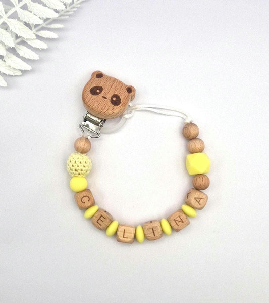 Personalisierte Schnullerkette mit Namen – liebevoll handgefertigtes Babygeschenk | Gelb | Junge/Mädchen | BPA-frei | Holz & Silikon