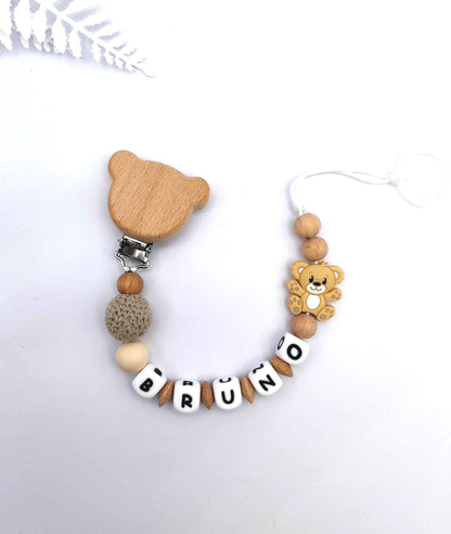 Schnullerkette mit Namen und Tiermotiv | 100% Handarbeit | Personalisiertes Geschenk für Babys | Babyartikel | Weiße Silikonbuchstaben