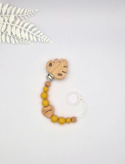 Personalisierte Schnullerkette mit Namen | Senfgelb | Babygeschenk zur Geburt & Taufe | Handgefertigtes Babygeschenk BPA-frei | Mit Namensgravur
