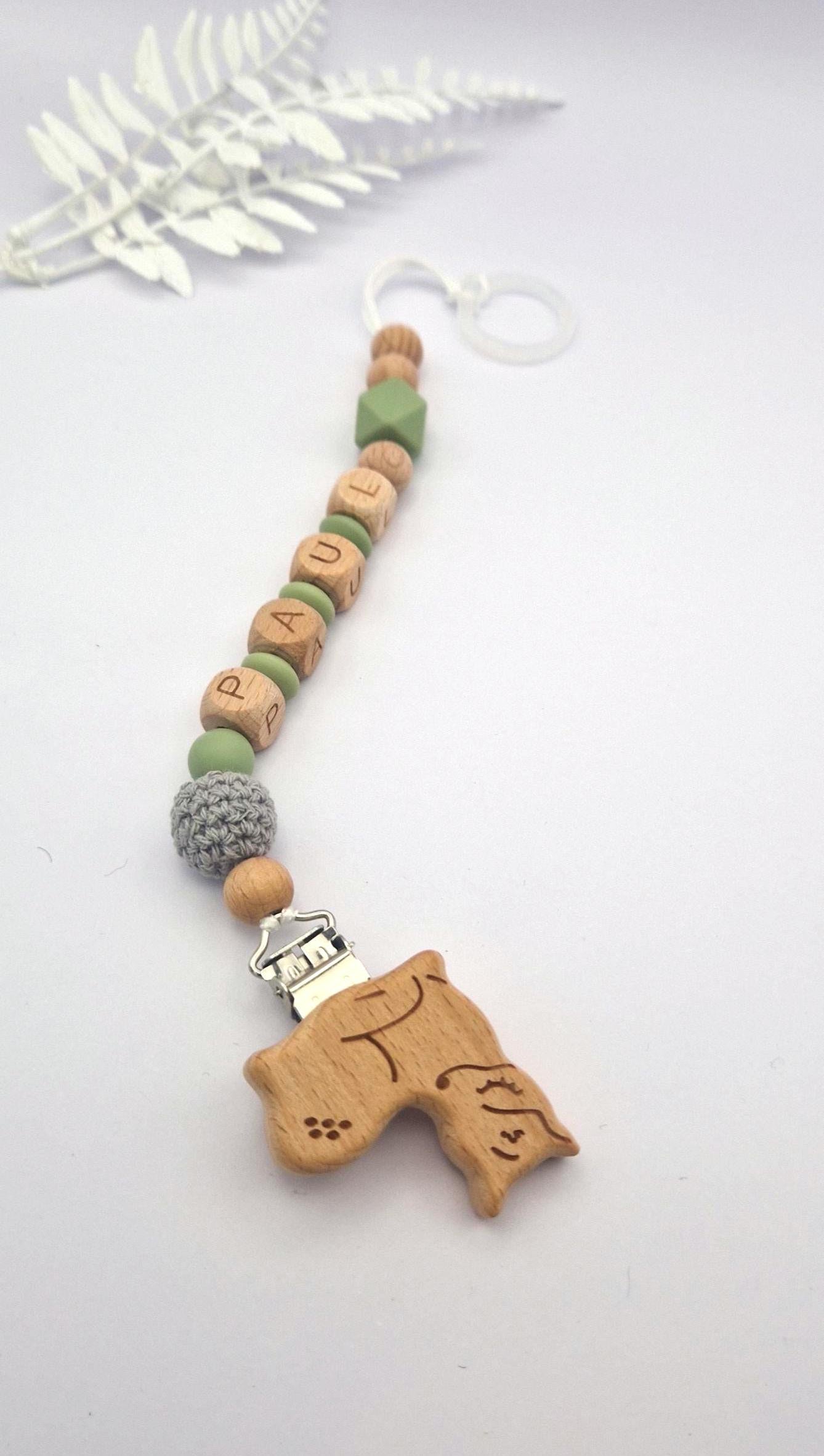 Personalisierte Schnullerkette mit Namen – liebevoll und sicher handgefertigtes Babygeschenk | Grün | Junge/Mädchen | BPA-frei | Holz & Silikon