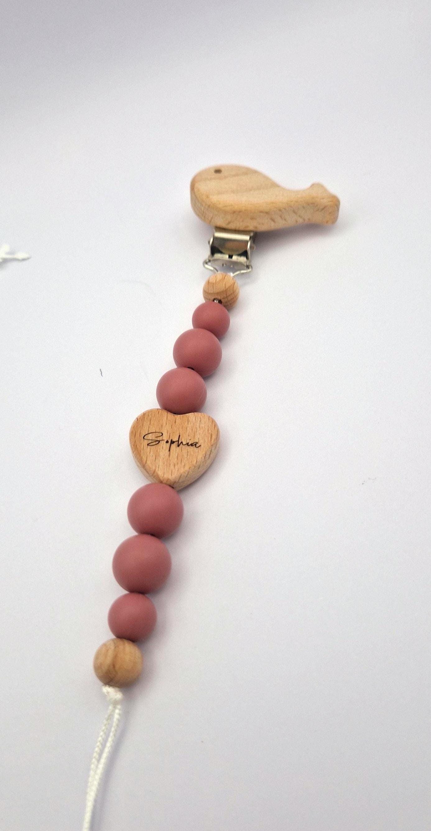 Personalisierte Schnullerkette mit Namen | Altrosa | Babygeschenk zur Geburt und Taufe | Handgefertigter Schnullerhalter BPA-frei | Mit Namensgravur