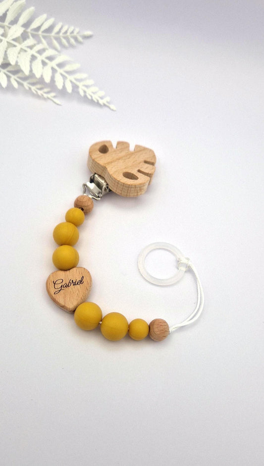 Personalisierte Schnullerkette mit Namen | Senfgelb | Babygeschenk zur Geburt & Taufe | Handgefertigtes Babygeschenk BPA-frei | Mit Namensgravur