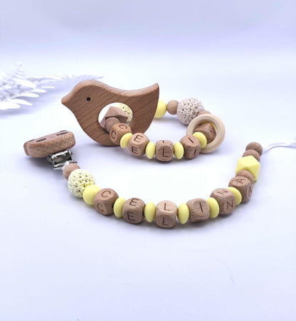 Baby Geschenkset Personalisiert Gelb – Schnullerkette mit Namen & Greifling – Geburtsgeschenk, Taufgeschenk, Babygeschenk Mädchen Junge
