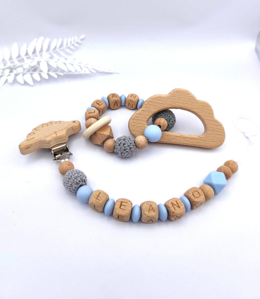 Baby Geschenkset personalisiert blau – Schnullerkette mit Namen & Greifling – Geschenk zur Geburt, Taufgeschenk, Babygeschenk Mädchen Junge
