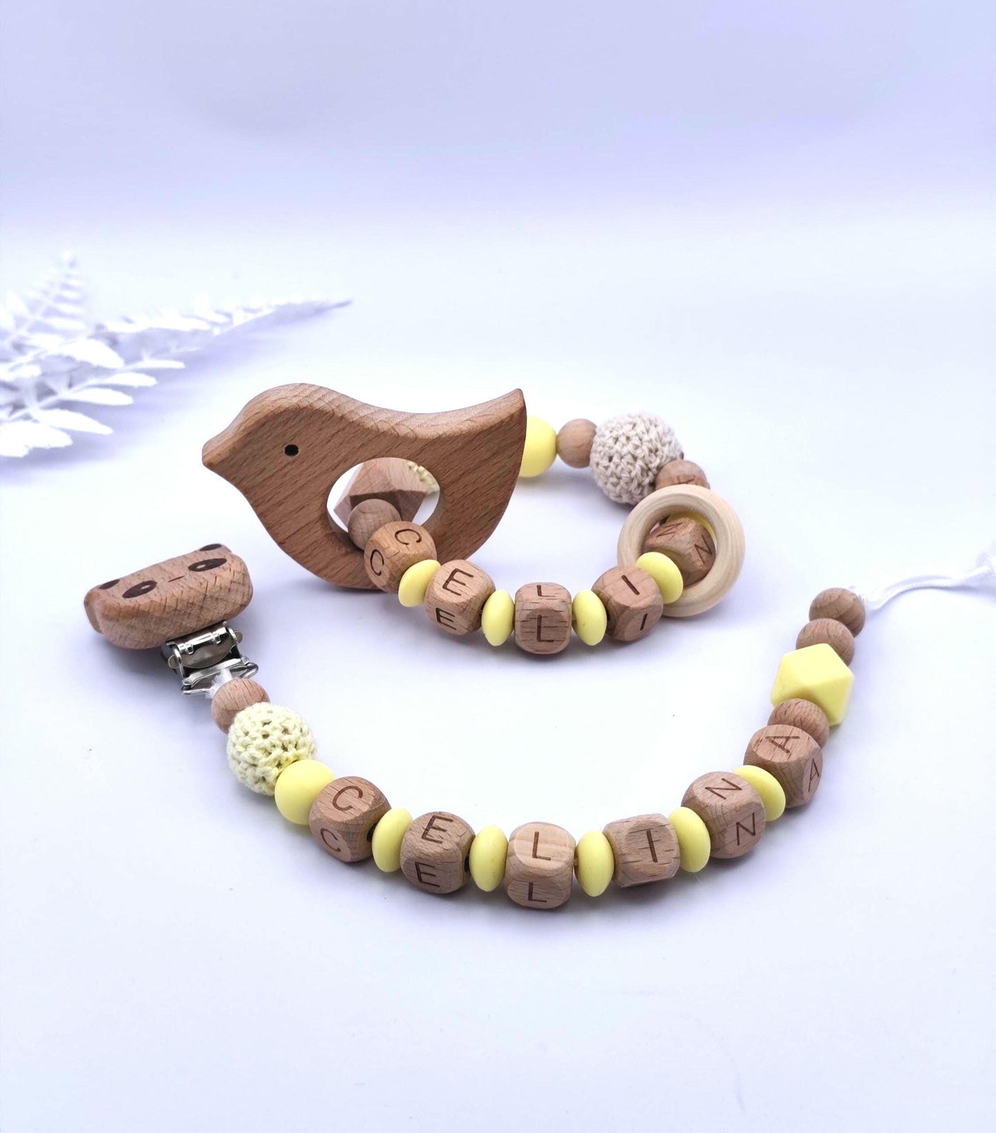 Baby Geschenkset Personalisiert Gelb – Schnullerkette mit Namen & Greifling – Geburtsgeschenk, Taufgeschenk, Babygeschenk Mädchen Junge