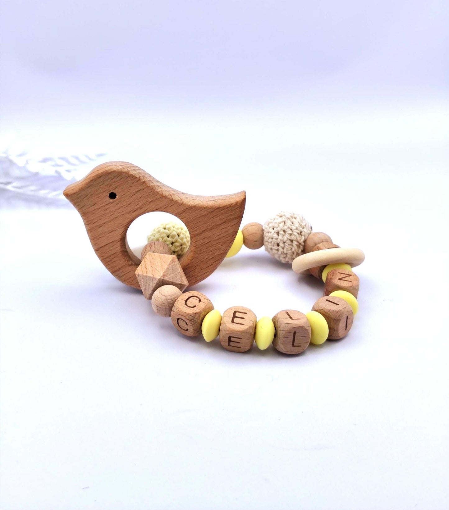 Personalisierter Greifling mit Namen - aus Holz & Silikon - liebevoll handgefertigter Greifling - Geschenk zur Geburt, Taufe - Holzbuchstaben