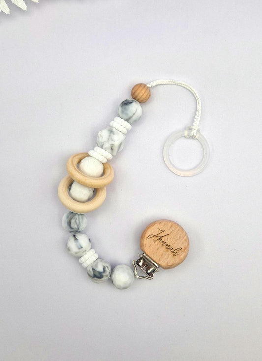 Personalisierte Schnullerkette Marmor Silikon & Holz mit Gravur | Personalisierte Schnullerkette Name | Edles Babygeschenk Taufe Geburt