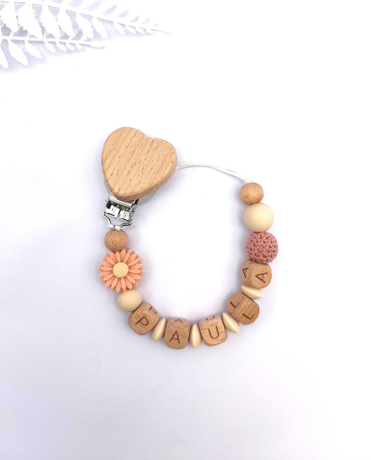 Personalisierte Schnullerkette Pfirsich mit Blume & Namen – Handgefertigte Babygeschenke – Holzbuchstaben – Individuelles Geschenk zur Geburt