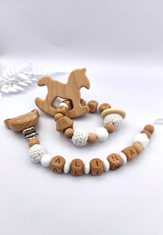 Baby Geschenkset Personalisiert Weiß – Schnullerkette mit Namen & Greifling – Geburtsgeschenk, Taufgeschenk, Babygeschenk Mädchen Junge