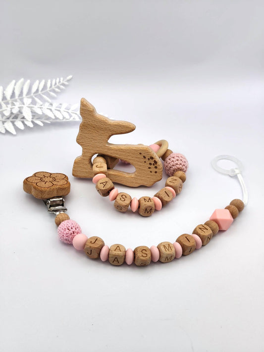 Baby Geschenkset Personalisiert Rosa - Schnullerkette mit Namen & Greifling - Geburtsgeschenk, Taufgeschenk, Babygeschenk Mädchen Junge