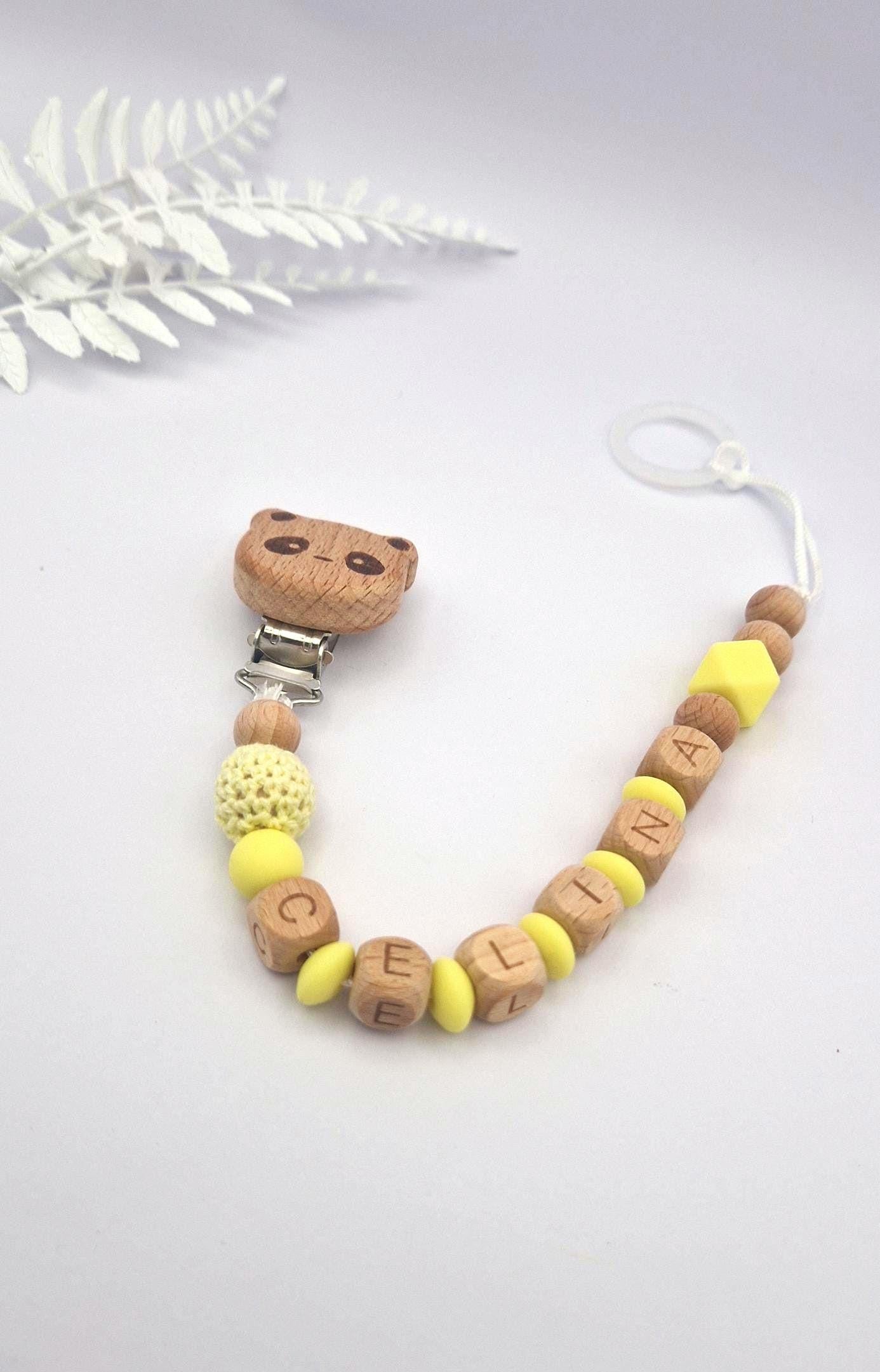 Personalisierte Schnullerkette mit Namen – liebevoll handgefertigtes Babygeschenk | Gelb | Junge/Mädchen | BPA-frei | Holz & Silikon
