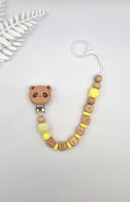 Personalisierte Schnullerkette mit Namen – liebevoll handgefertigtes Babygeschenk | Gelb | Junge/Mädchen | BPA-frei | Holz & Silikon