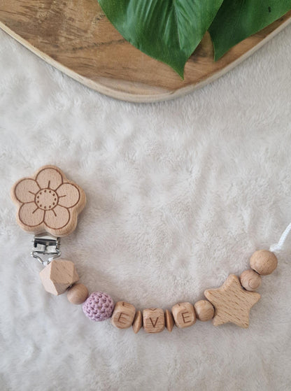 Schnullerkette Stern mit Namen | personalisierbar | handgemachtes Babygeschenk | personalisierte Schnullerkette | Holzdesign mit Stern