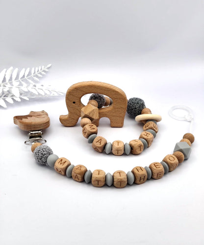 Baby Geschenkset Personalisiert Grau – Schnullerkette mit Namen & Greifling – Geburtsgeschenk, Taufgeschenk, Babygeschenk Mädchen Junge