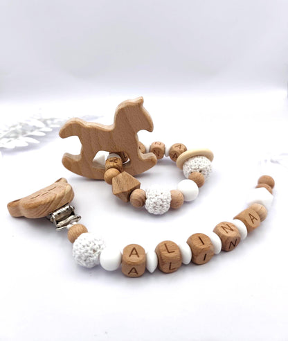 Baby Geschenkset Personalisiert Weiß – Schnullerkette mit Namen & Greifling – Geburtsgeschenk, Taufgeschenk, Babygeschenk Mädchen Junge