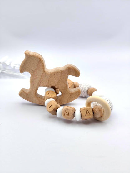 Baby Geschenkset Personalisiert Weiß – Schnullerkette mit Namen & Greifling – Geburtsgeschenk, Taufgeschenk, Babygeschenk Mädchen Junge