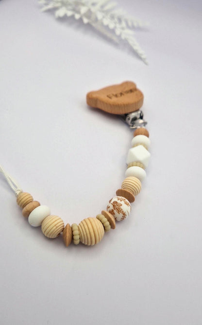Personalisierte Schnullerkette mit Gravur | Holz & Silikon Natur Boho Beige | Geschenk zur Geburt | Handgefertigte Schnullerkette für Babys