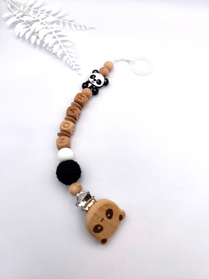 Panda Schnullerkette mit Namen | Personalisierte Schnullerkette mit Panda-Motiv | liebevolle Handarbeit | weiße Buchstaben oder Holzbuchstaben