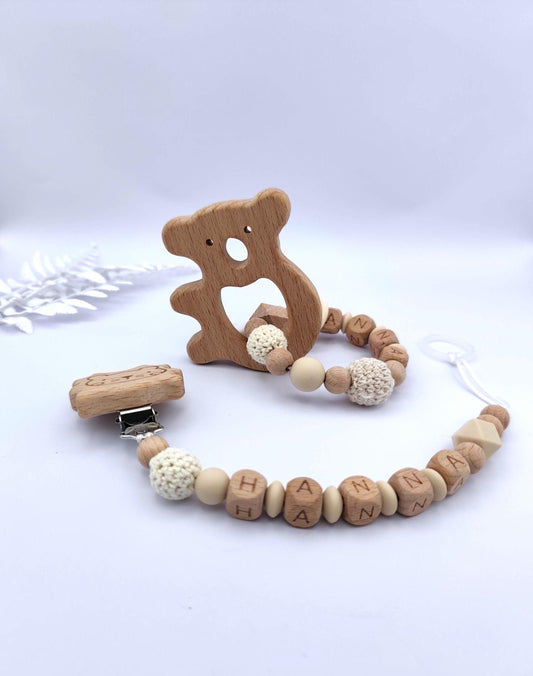 Baby Geschenkset Personalisiert Beige – Schnullerkette mit Namen & Greifling – Geschenk zur Geburt, Taufgeschenk, Babygeschenk Mädchen Junge