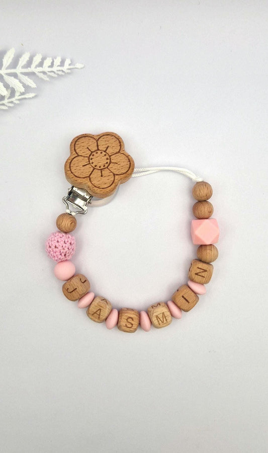 Personalisierte Schnullerkette mit Namen – liebevoll handgefertigtes Babygeschenk aus Österreich | Rosa | Mädchen | BPA-frei | Holz & Silikon