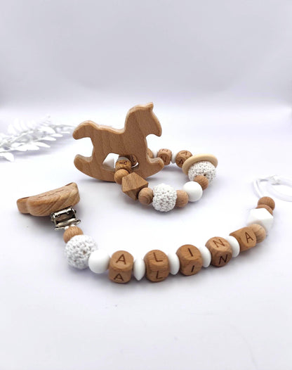 Baby Geschenkset Personalisiert Weiß – Schnullerkette mit Namen & Greifling – Geburtsgeschenk, Taufgeschenk, Babygeschenk Mädchen Junge