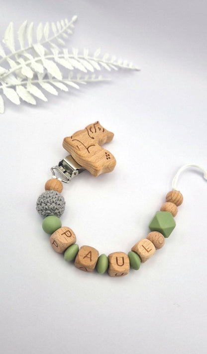 Personalisierte Schnullerkette mit Namen – liebevoll und sicher handgefertigtes Babygeschenk | Grün | Junge/Mädchen | BPA-frei | Holz & Silikon
