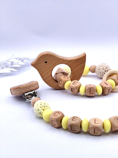 Baby Geschenkset Personalisiert Gelb – Schnullerkette mit Namen & Greifling – Geburtsgeschenk, Taufgeschenk, Babygeschenk Mädchen Junge