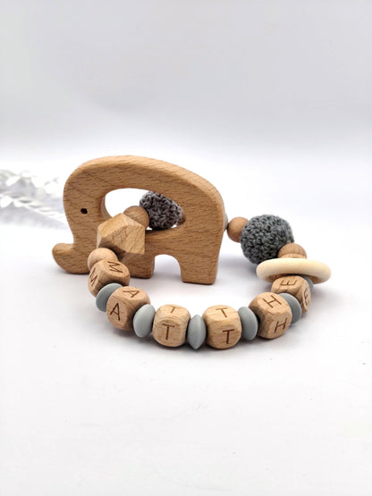 Baby Geschenkset Personalisiert Grau – Schnullerkette mit Namen & Greifling – Geburtsgeschenk, Taufgeschenk, Babygeschenk Mädchen Junge