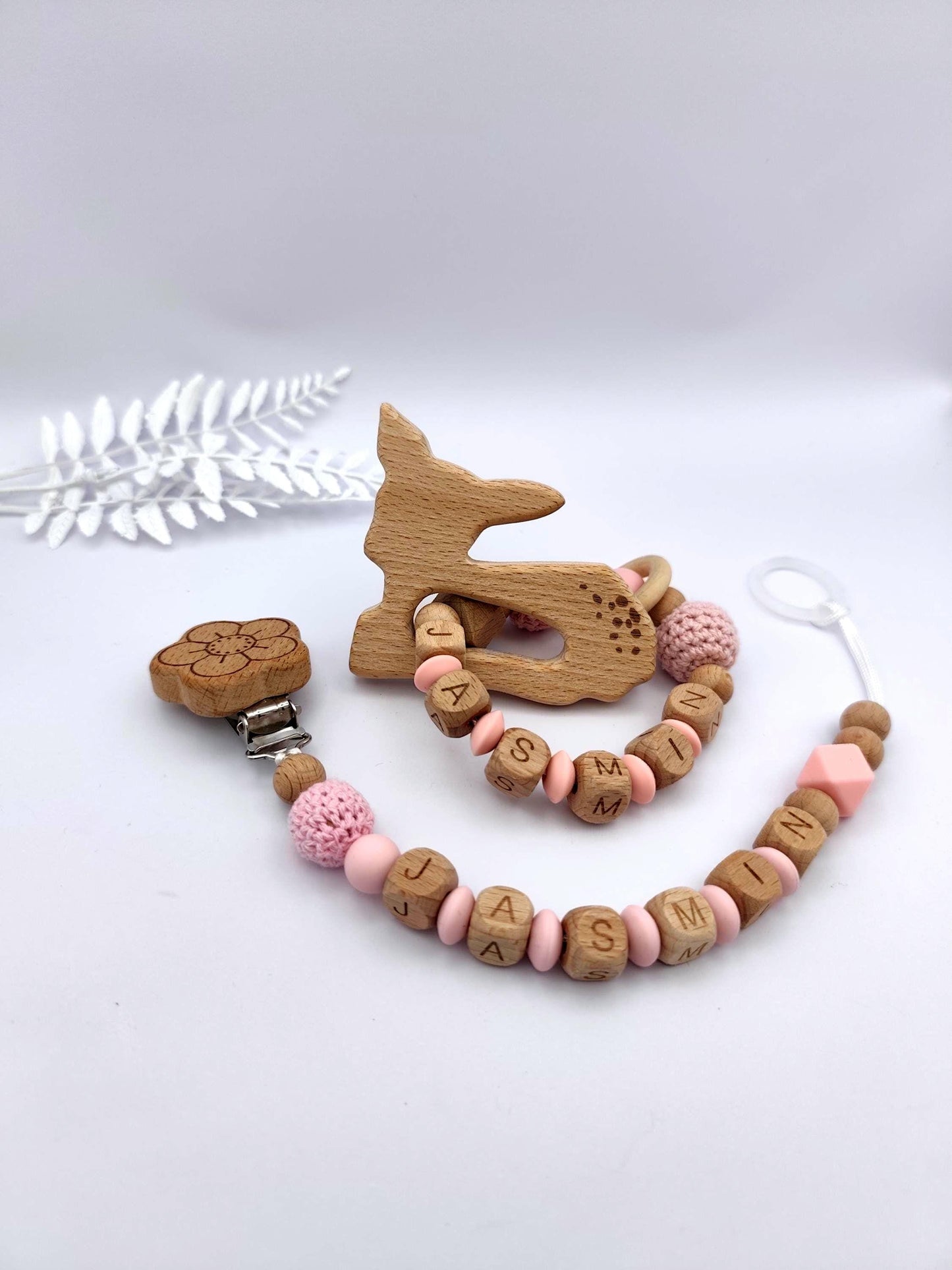 Baby Geschenkset Personalisiert Rosa - Schnullerkette mit Namen & Greifling - Geburtsgeschenk, Taufgeschenk, Babygeschenk Mädchen Junge