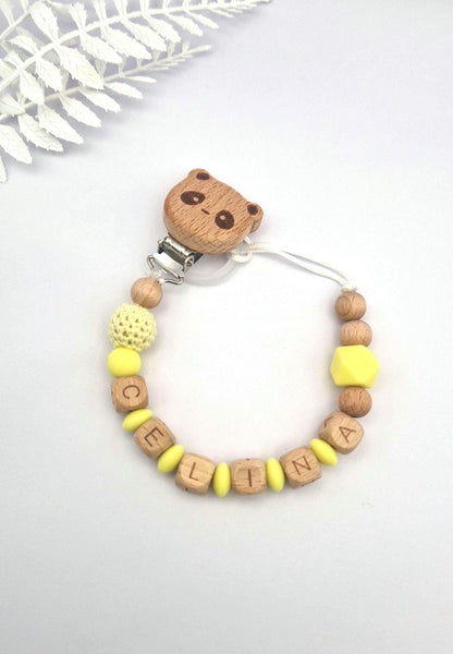 Personalisierte Schnullerkette mit Namen – liebevoll handgefertigtes Babygeschenk | Gelb | Junge/Mädchen | BPA-frei | Holz & Silikon