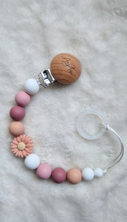Personalisierte Blumen Schnullerkette Rosa – Mit Namen & Gravur – Baby Geschenk Geburt und Taufe – Liebevoll handgefertigte Schnullerkette