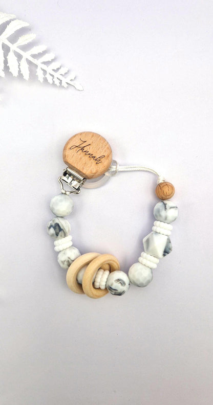 Personalisierte Schnullerkette Marmor Silikon & Holz mit Gravur | Personalisierte Schnullerkette Name | Edles Babygeschenk Taufe Geburt