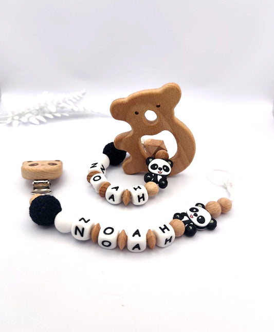 Personalisiertes Baby Geschenkset – Schnullerkette mit Namen & Rassel im Panda-Design | Geburts-, Taufgeschenk für Mädchen und Jungen