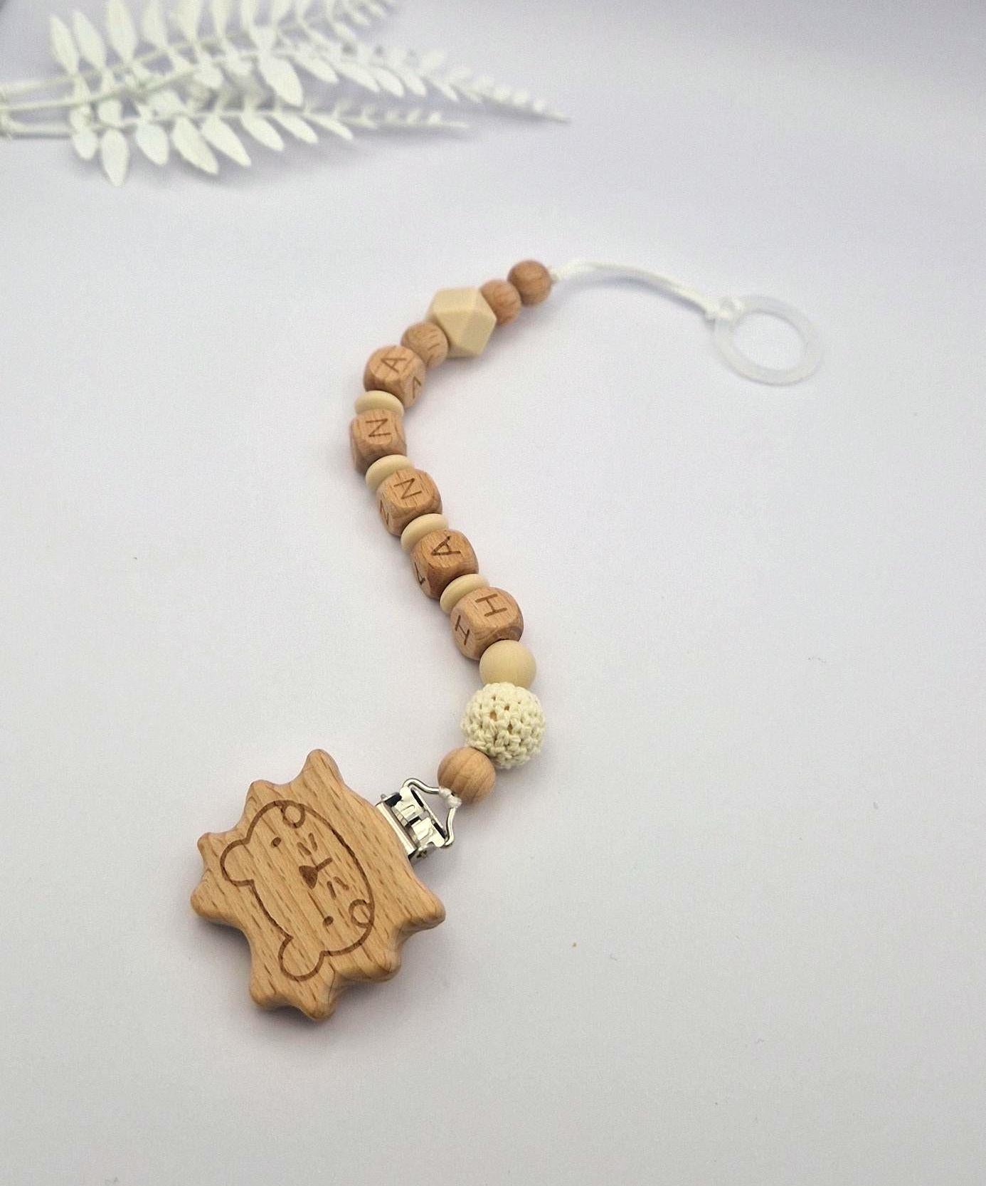 Personalisierte Schnullerkette mit Namen – liebevoll handgefertigtes Babygeschenk | Beige | Junge/Mädchen | BPA-frei | Holz & Silikon
