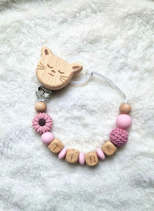 Personalisierte Schnullerkette rosa-lila mit Blume & Name – Handgefertigte Babygeschenke – Holzbuchstaben – Individuelles Geschenk zur Geburt