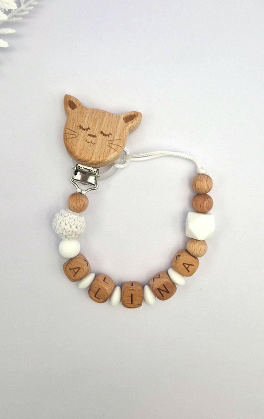 Personalisierte Schnullerkette mit Namen – liebevoll handgefertigtes Babygeschenk | Weiß | Junge und Mädchen | BPA-frei | Holz & Silikon