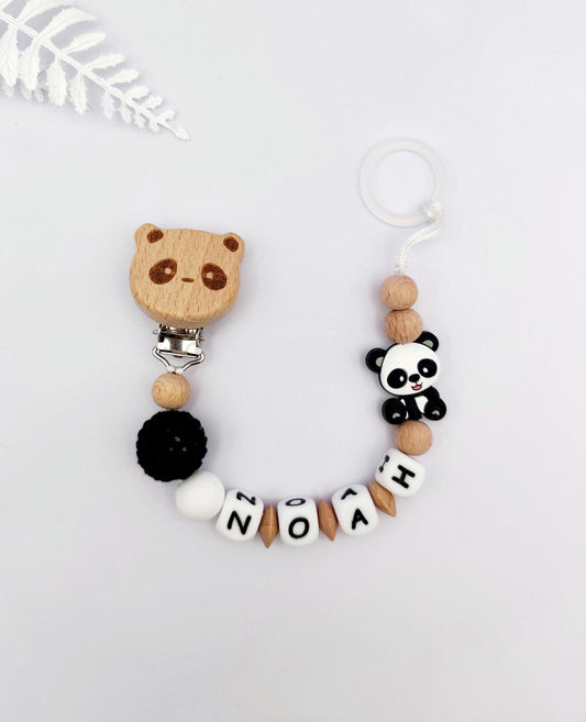 Panda Schnullerkette mit Namen | Personalisierte Schnullerkette mit Panda-Motiv | liebevolle Handarbeit | weiße Buchstaben oder Holzbuchstaben