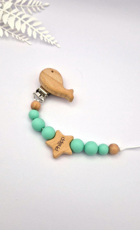 Personalisierte Schnullerkette mit Namen | Pastellgrün | Babygeschenk zur Geburt & Taufe | Handgefertigtes Babygeschenk BPA-frei | Namensgravur
