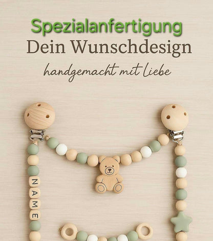 Sonderanfertigungen mit Wunschdesign | Individuelles personalisiertes 3-teiliges Babyset | Schnullerkette mit Namen| Greifling| Kinderwagenkette