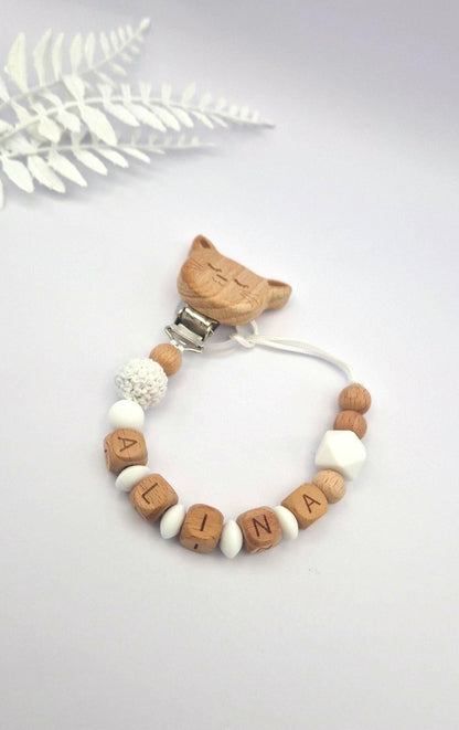 Personalisierte Schnullerkette mit Namen – liebevoll handgefertigtes Babygeschenk | Weiß | Junge und Mädchen | BPA-frei | Holz & Silikon