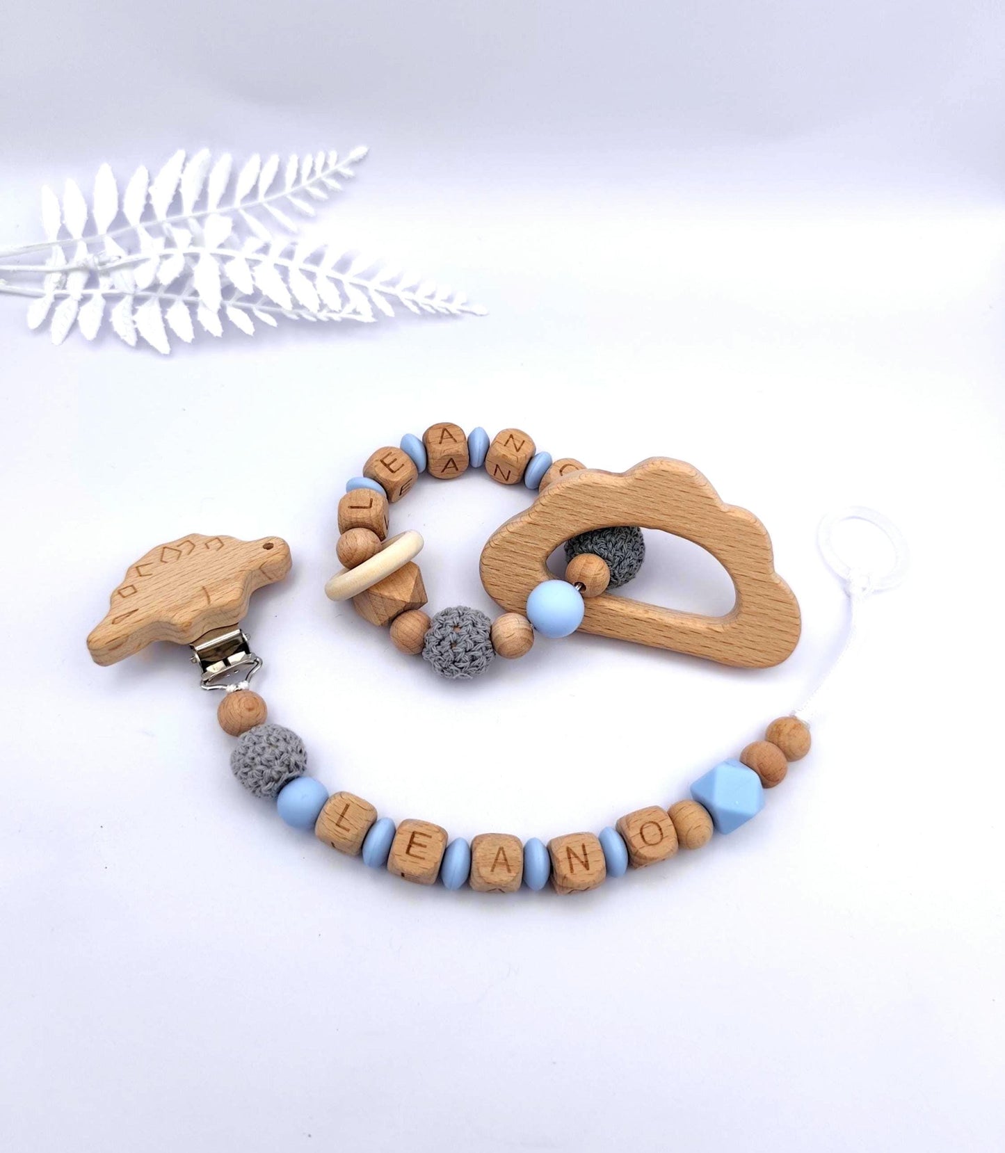 Baby Geschenkset personalisiert blau – Schnullerkette mit Namen & Greifling – Geschenk zur Geburt, Taufgeschenk, Babygeschenk Mädchen Junge