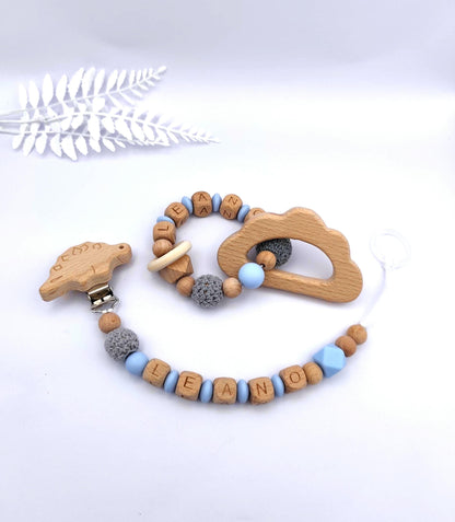 Baby Geschenkset personalisiert blau – Schnullerkette mit Namen & Greifling – Geschenk zur Geburt, Taufgeschenk, Babygeschenk Mädchen Junge