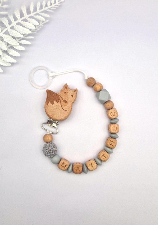 Personalisierte Schnullerkette mit Namen – liebevoll und sicher handgefertigtes Babygeschenk | Grau | Junge/Mädchen | BPA-frei | Holz & Silikon