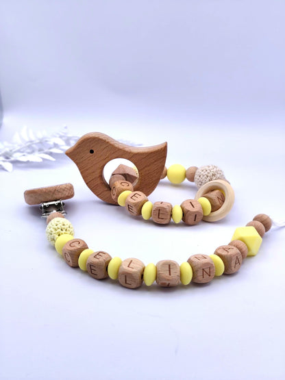 Baby Geschenkset Personalisiert Gelb – Schnullerkette mit Namen & Greifling – Geburtsgeschenk, Taufgeschenk, Babygeschenk Mädchen Junge