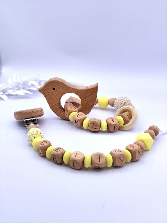 Baby Geschenkset Personalisiert Gelb – Schnullerkette mit Namen & Greifling – Geburtsgeschenk, Taufgeschenk, Babygeschenk Mädchen Junge