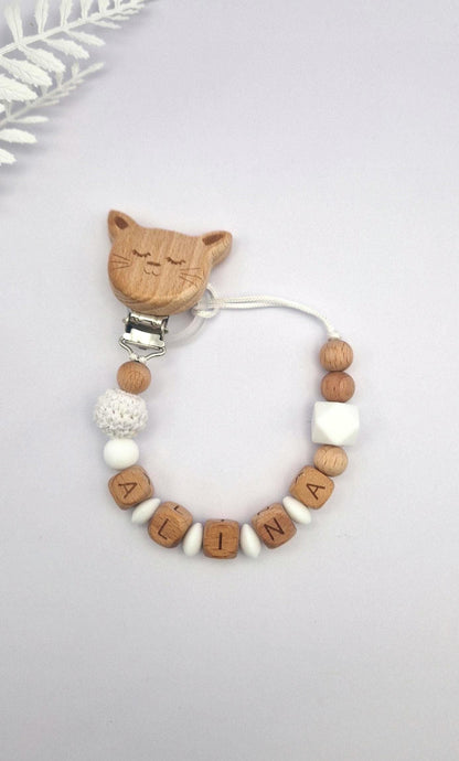 Personalisierte Schnullerkette mit Namen – liebevoll handgefertigtes Babygeschenk | Weiß | Junge und Mädchen | BPA-frei | Holz & Silikon